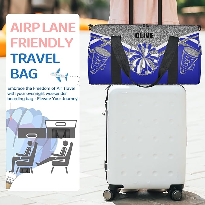 Personalized Cheerleading Dance Bag, Custom Small Sport Weekender Sleepover Travel Duffel Bag, Silver Grey Glittering with Navy Blue Cheer Theme