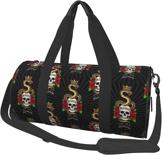 Round Duffel Sports Equipment Bags, Travel Gym Fitness Bag Colorful Tattoo Vintage Snake Skull King for Yoga Workout Swim