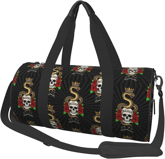 Round Duffel Sports Equipment Bags, Travel Gym Fitness Bag Colorful Tattoo Vintage Snake Skull King for Yoga Workout Swim