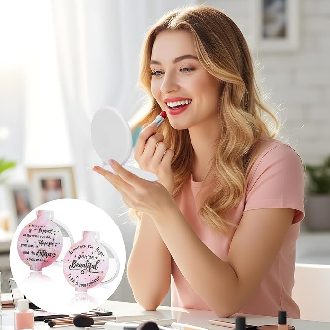 100pcs Light Pink Compact Mirror Bulk Gifts for Women, Mini Inspirational Purse Handheld Makeup Pocket Mirror, Round Portable Makeup Folding Mirrors Gift for Christmas Valentine Daily Travel Coworker