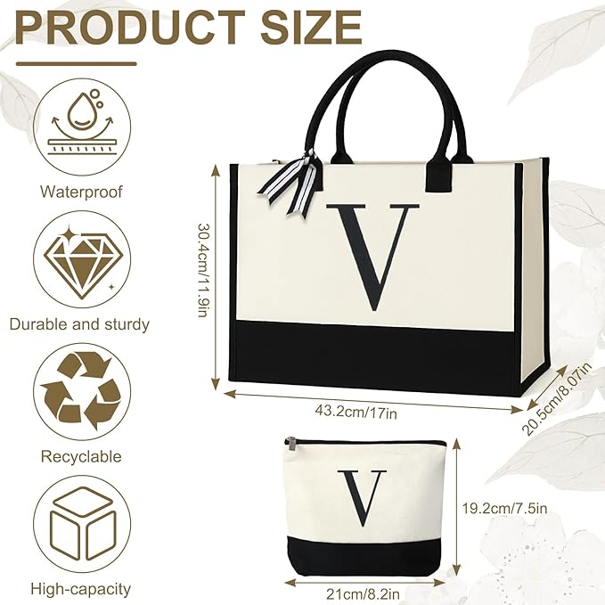 Personalized Canvas Tote Bag for Women Makeup Pouch Initial Beach Bag Removable Bottom Board for Travel Birthday