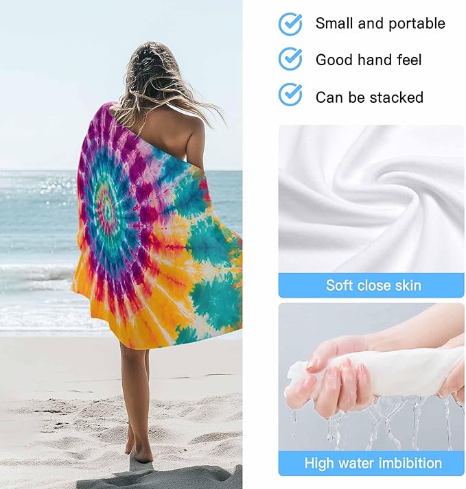 Abstract Tie-Dye Art Beach Towel 35" x 71" Purple Yellow Teal Watercolor Gradient Quick Dry Sand Free Pool Towels Soft & Absorbent Compact Towels Beach Accessories for Travel Bathroom Swimming Pool