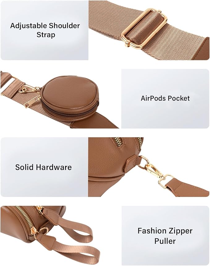 Valentoria Large Leather Crossbody Bags for Women Bum Bag Sling Bag Purse With Adjustable Strap Detachable Wallets Trendy Fashion Must Haves Cross body Bag (Coffee)