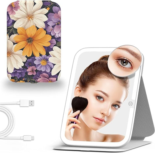 Mocado Travel Makeup Mirro with Lights, 360° Rotation Lighted Makeup Mirror, Portable Mirror with 10x Magnification, 3 Color Lightings, Dimmable Touch Screen, Tabletop Light up(Sun Daisy)