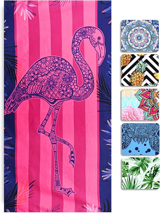 LIVILAN Pink Flamingo Beach Towel, 30" x 60" Soft Microfiber, Quick Dry, Sand Free, Lightweight and Thin, Perfect for Pool, Swim, Bath, Striped Design, Ideal Flamingo Gifts for Girls, Women, Adults