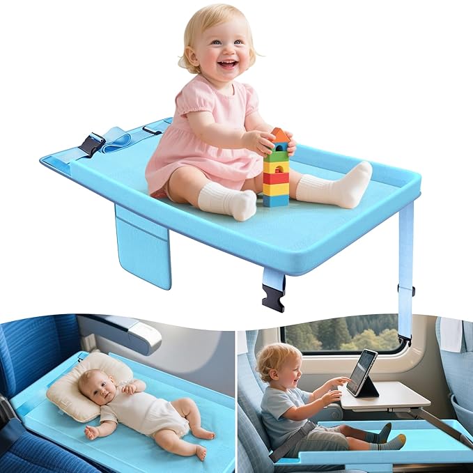 Toddler Airplane Bed - Airplane Seat Extender for Kids - Barrier Designed Flyaway Kids Bed Airplane with Pockets - Portable Plane Bed Foot Rest for Flights Travel Essentials Blue