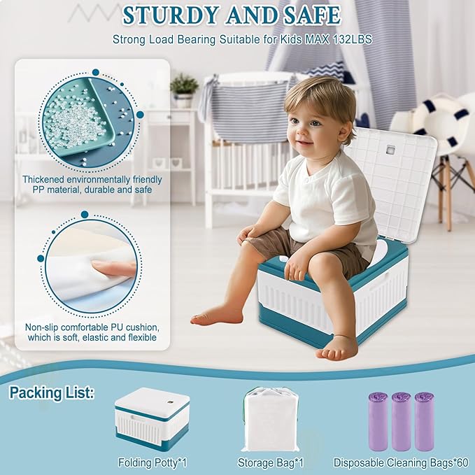 Travel Potty Seat for Toddler, Portable Potty Training Toilet Seats, Foldable Baby Potty Stool, Car Potty for Kids Boys Girls, Emergency Mobile Toilet for Outdoor/Indoor, w/ 60 Cleaning Bags