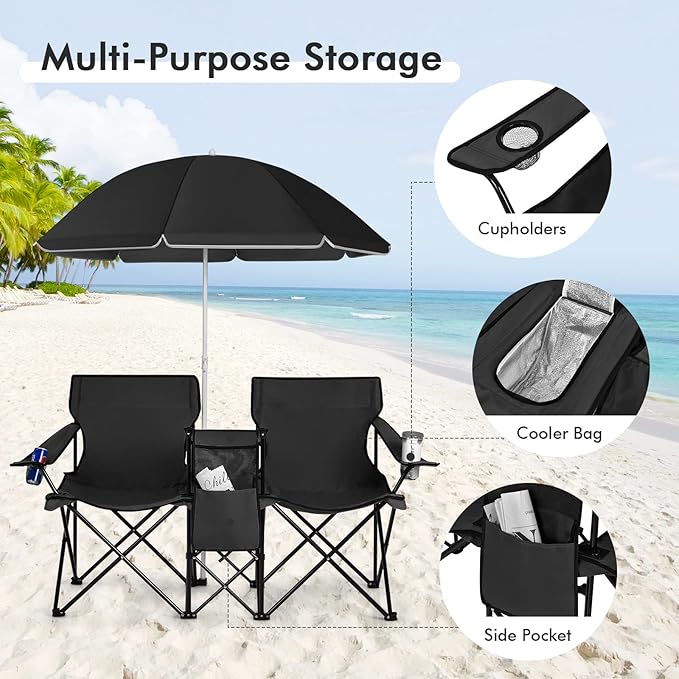 COSTWAY Double Portable Picnic Chairs, Folding Camping Chairs w/Detachable Umbrella, Cooler Bag, Cup Holders, Patio Beach Camping Chairs for Outdoors