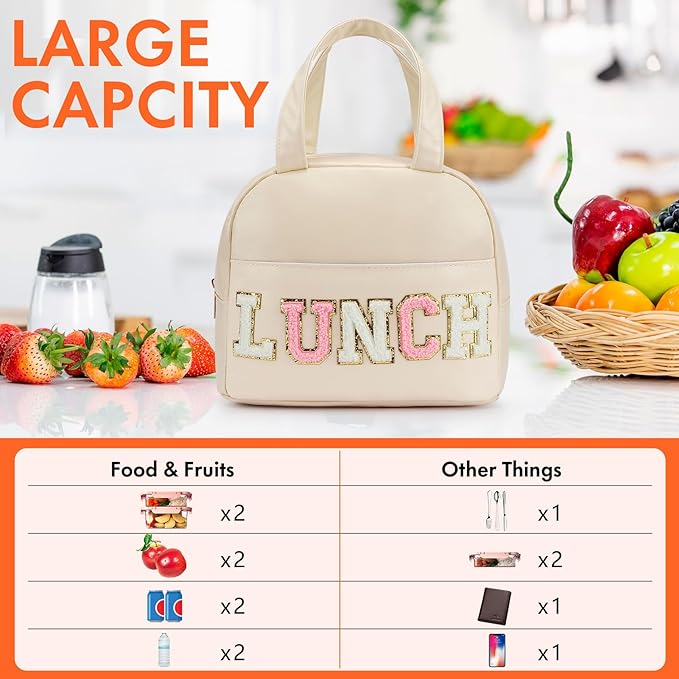 Lunch Bag for Women Insulated For Men PU leather Small Office Work lunch with Chenille Letters Leakproof Freezable Cooler Reusable Portable Box (White)
