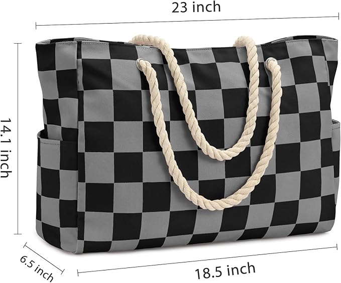 Becokan Beach Bags for Women Checkered Large Beach Tote Bag Zipper Beach Bags Waterproof Sandproof Canvas Swim Pool Bag