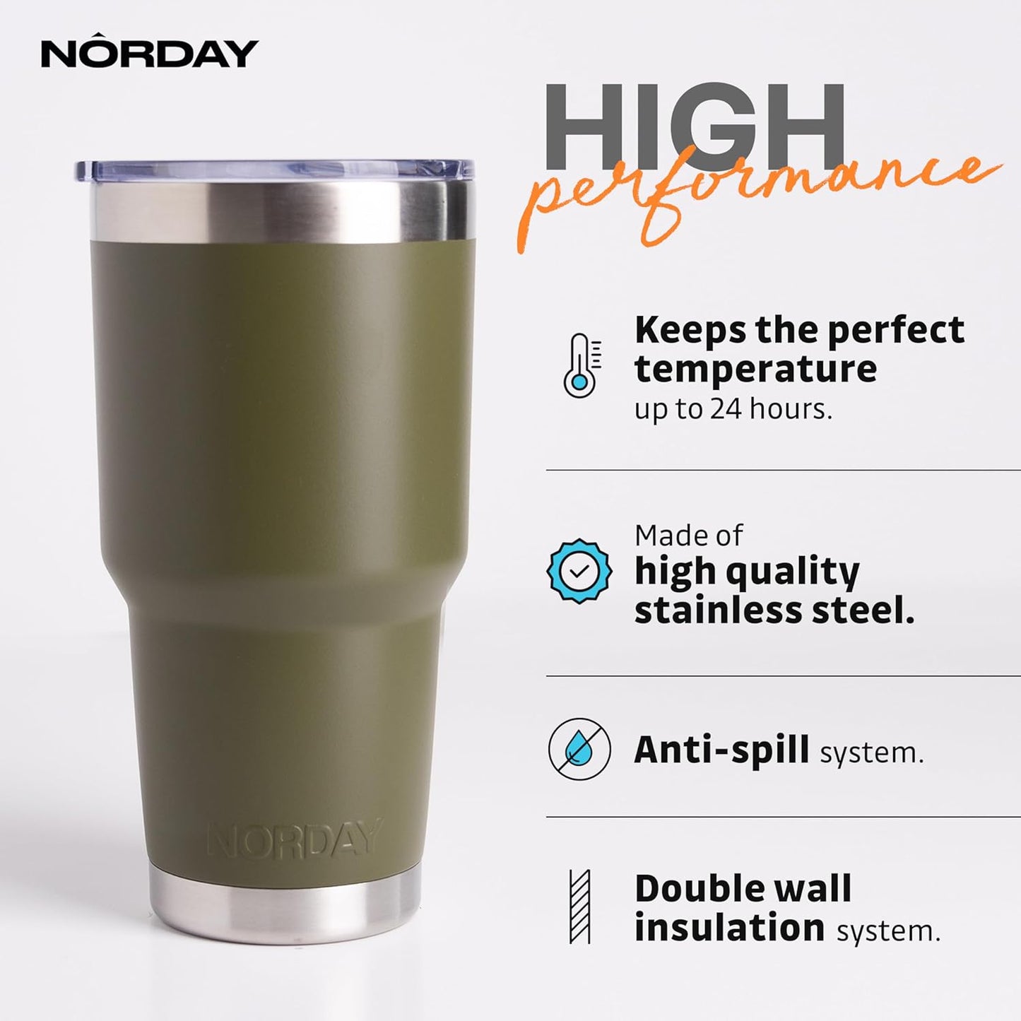 NORDAY | Tumbler with Lid - 30oz - Military Insulated Tumbler - Stainless Steel Tumblers - Double Wall Insulated Travel Coffee Mug for Car Cup Holder - Keeps Temperature for 24hr - Anti Spill Lid