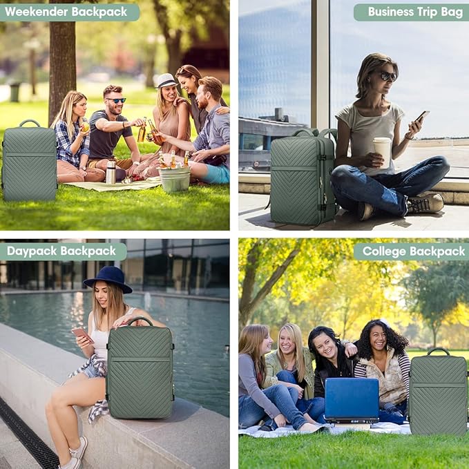 Large Carry On Travel Backpack - Flight Approved Waterproof Luggage Suitcase Backpacks Personal Item Size for Women Men Fit 17 Inch Laptop College Overnight Bag Anti-Theft Weekender Daypack Dark Green