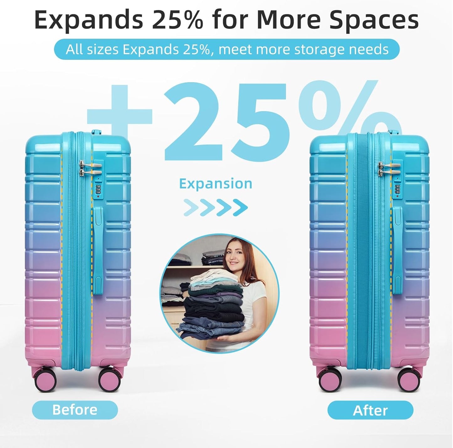 LARVENDER Luggage Sets 5 Piece Hardside Expandable Suitcase with Wheels Lock,PC+ABS Hardside Lightweight Rolling Suitcase for Women and Men,Cotton Candy