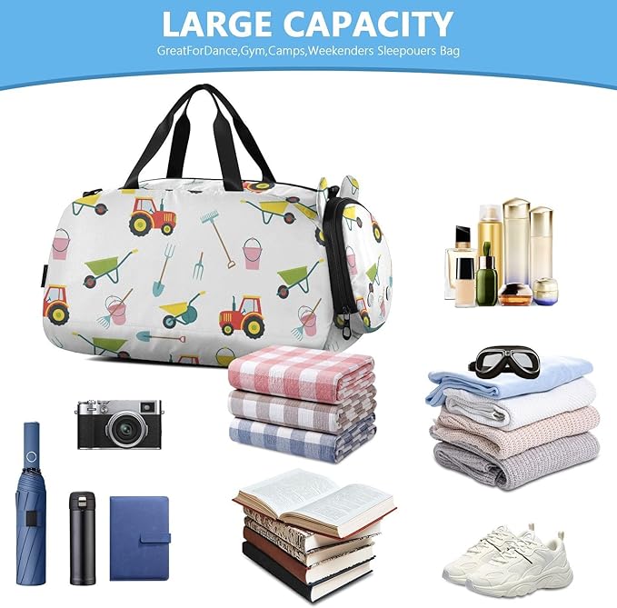 VIGTRO Garden Tools Tractor Bucket Kids Overnight Travel Duffel Bag Sport Gym Bag for Boys Girls with Shoe Compartment, Carry On Weekender Luggage Bag for Dance Swim Yoga