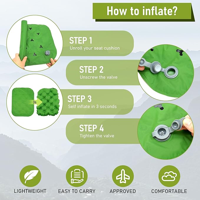 Inflatable Seat Cushion, Lightweight Stadium Seat Pad, Travel Air seat Cushion Anti-Slip for Airplane, Hiking, Climbing, Home and Camping,Green