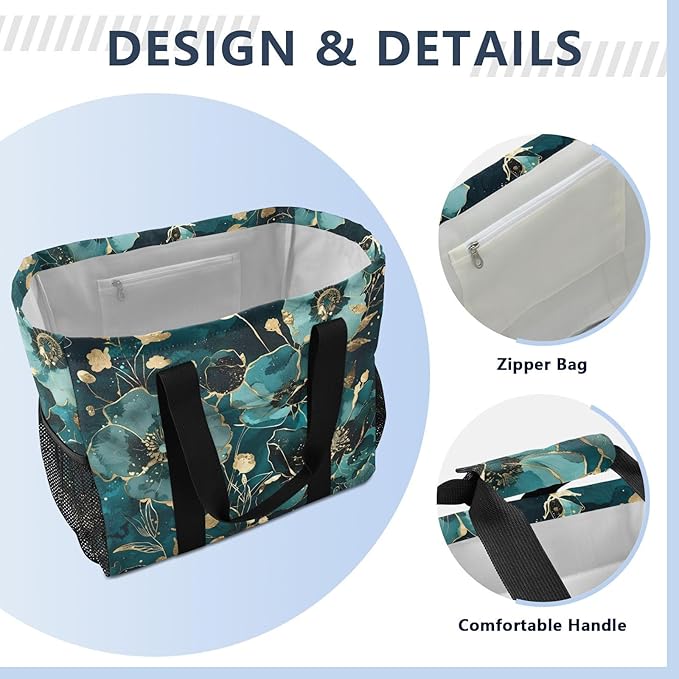 Bolaz Travel Tote Bag，Gym Bag for Men,Waterproof Beach Bag for Women Foldable Reusable-Watercolor Flower Green Gold Pattern