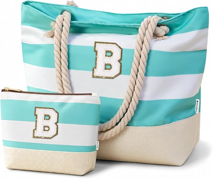 Vavabox Initial Beach Tote Bag for Women, Water-resistant Foldable Travel Beach Bag Set, Birthday Gifts for Women Mom