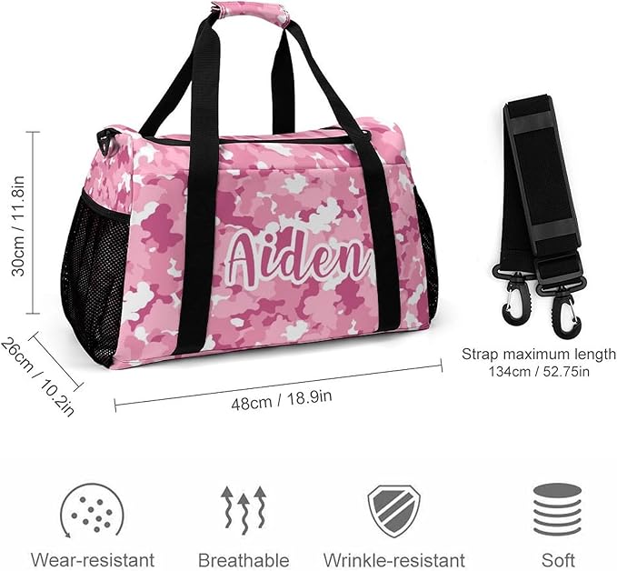 Personalized Name Travel Bag Sports Player Duffel Bags Camouflage Pink White Camo Perform Training Bag for Men Women Adjustable Shoulder Strap