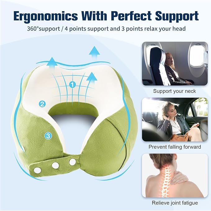 Neck Pillow for Traveling, Travel Pillows for Airplanes,100% Pure Memory Foam Travel Neck Pillow, Adjustable Flight Pillow, Portable Plane Accessories with Eye Mask, Earplugs, Carry Bag