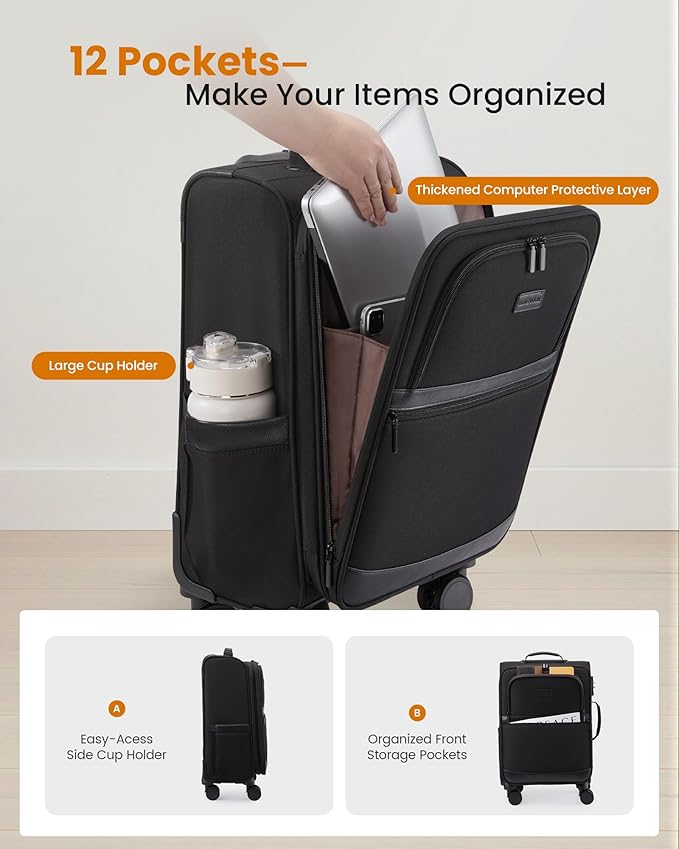 LOVEVOOK Carry On Luggage 22x14x9 Airline Approved,20 Inch Suitcases with Spinner Wheels,Softside Carry-on Suitcase with TSA Lock for Men Women Business Trip Weekender Travel,Green&Brown