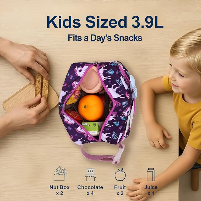 Bagseri Kids Snack Bag Girls - Small Reusable Mini Cooler Pouch, Insulated 3.9L Food Carrier with Buckle Handle for School and Daycare, Fits in Backpack, Deep Purple Unicorn