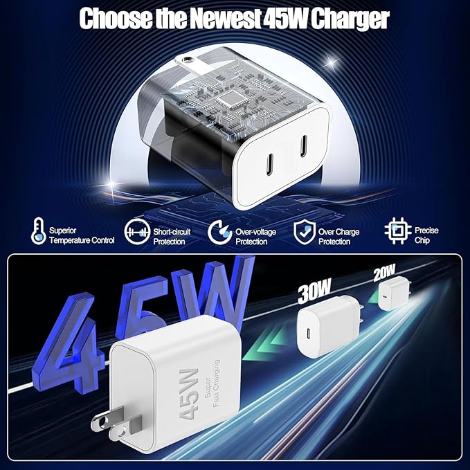 Dual Port 45W iPhone 17 16 15 Fast Charger Block and 6ft 10ft Type C to USB C Cable Cord Long, iPad Wall Charging Plug Cube Brick for Apple iPhone 17 Pro Max/17 Air/16 e/16 Pro/15 Plus/15 Mini/Samsung