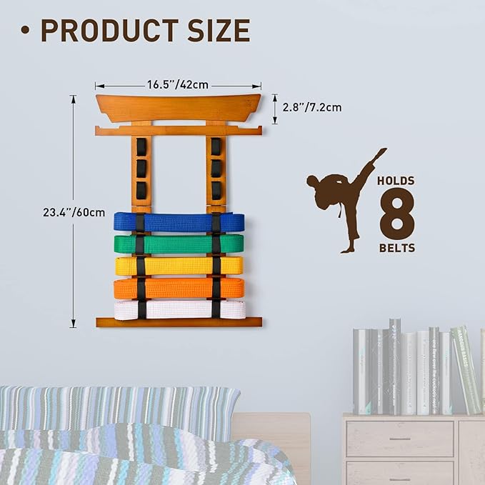 Tilhumt 8 Belt Karate Belt Display Rack with Medal Hanger and Stickers, Taekwondo Belt Display Holder, Martial Arts Belt Display Organizer for Adults, No Assembly Required (Bamboo/Acrylic)
