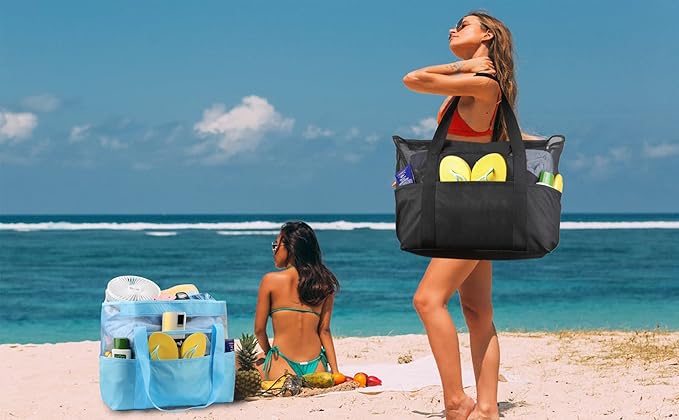 Mesh Beach Bag - Large Waterproof Beach Tote Bag with Zipper, Oversized Foldable Lightweight Family Swim Bag Vacation