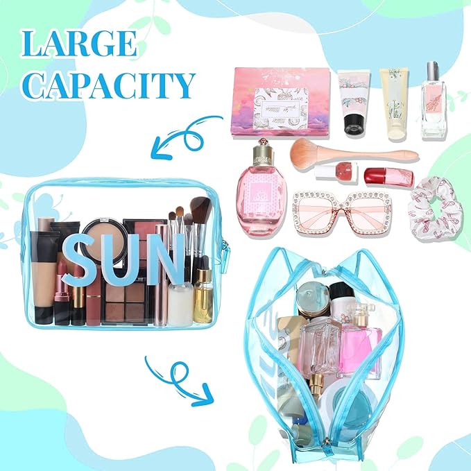 Clear Sun Bag Travel Beach Makeup Pouch 9.5" x 7" x 3.5" Large Blue Toiletry Cosmetic Bag PVC Waterproof Transparent Zippered Organizer for Women Girl Summer