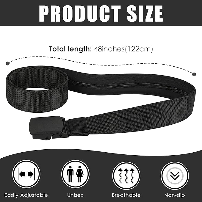 2 Pack Money Belts for Travel, Anti-Theft Hidden Waist Wallet with Zippered Security Pockets, Adjustable Nylon Belt for Men & Women Under Clothes (Black)