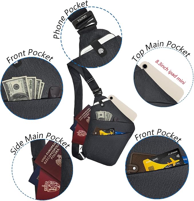 VADOO Sling Bag for Men and Women, Anti theft Crossbody Bag Lightweight Shoulder Chest Bag for Travel Gym Running