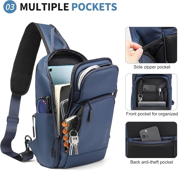 Men's Sling Bag, Convertible Anti Theft Sling Backpack, 11" One Shoulder Crossbody Backpack with USB Charging Port for Working Travel Daily, Dark Blue