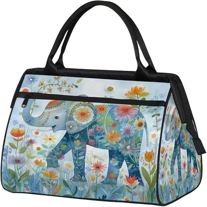 Gym Bag for Women Men, Floral Elephant Art Sports Duffel Bags, Waterproof Travel Weekender Overnight Carry On Tote Bags for Travel Sports
