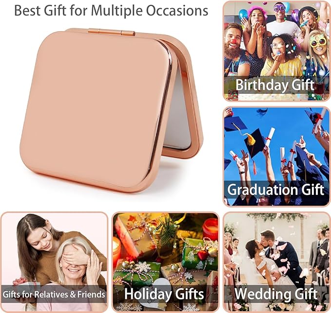 Small Compact Mirror, Rosegold Square 2.8”×2.8” Metal Frame Smooth Style Double Sided Mini Magnifying 1X/2X Mirror for Purse Can be Used as Gifts for Woman (RG01)