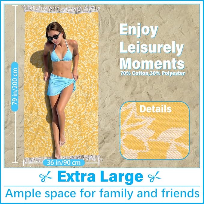 Thin Turkish Beach Towel Lightweight Soft Cotton Extra Large XL Oversized Sand Free Sandproof Absorbent Quick Dry Towels Cloud Bath Pool Travel Compact Essentials Accessories for Adult Gifts