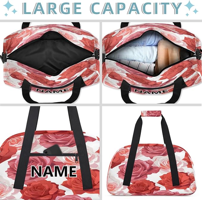 Floral Mini Gym Bag 18 inch for Women Men Waterproof Custom Red and Pink Rose Flowers Travel Duffel Bag Carry On Overnight Tote Nurse Bag for Work Fitness Hiking