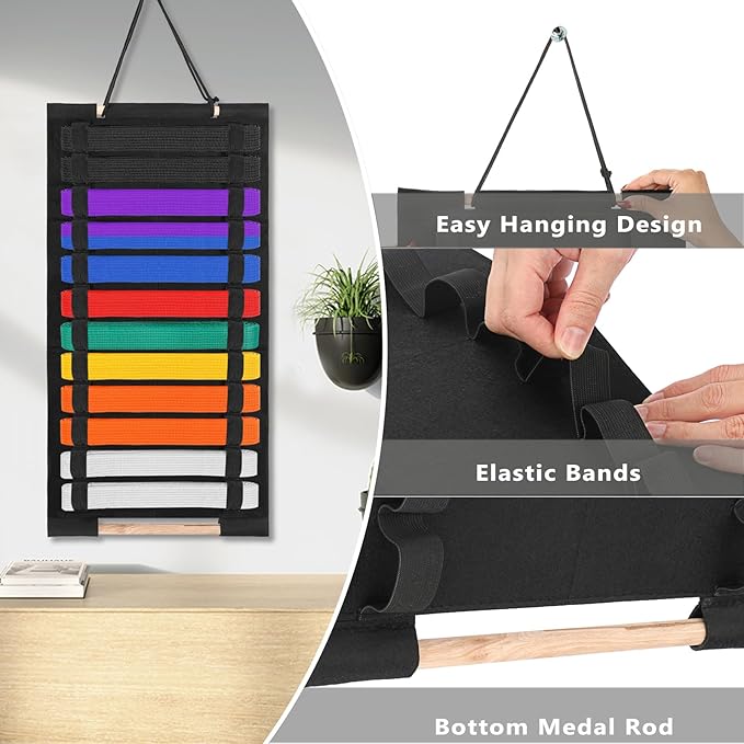 Karate Belt Display Rack, Taekwondo Belt Display Holder with Bamboo Medal Rack, Jiu Jitsu Belt Hanging Holder, Felt Martial Arts Belts Organizer for Taekwondo, Karate, BJJ Learners