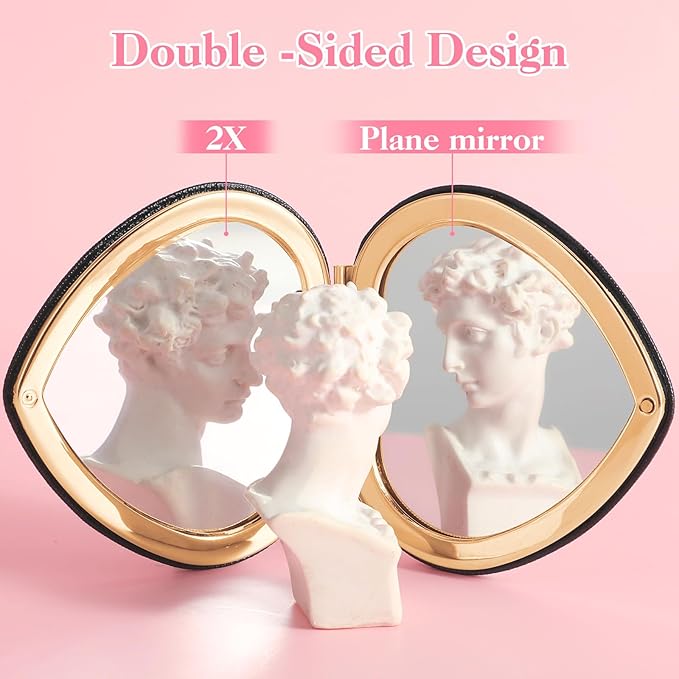 Heart Shaped Double-Sided 1X/2X Magnifying Mirror, Compact Folding PU Leather Makeup Mirror, Ultra-Portable for Women Home Office Travel