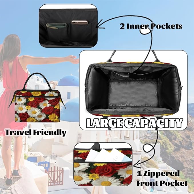 Multipurpose Duffle Bag, Waterproof Carry On Bag with Spacious Design, Red Roses Flower Gym Bags, 15.2x8.3x11.6in