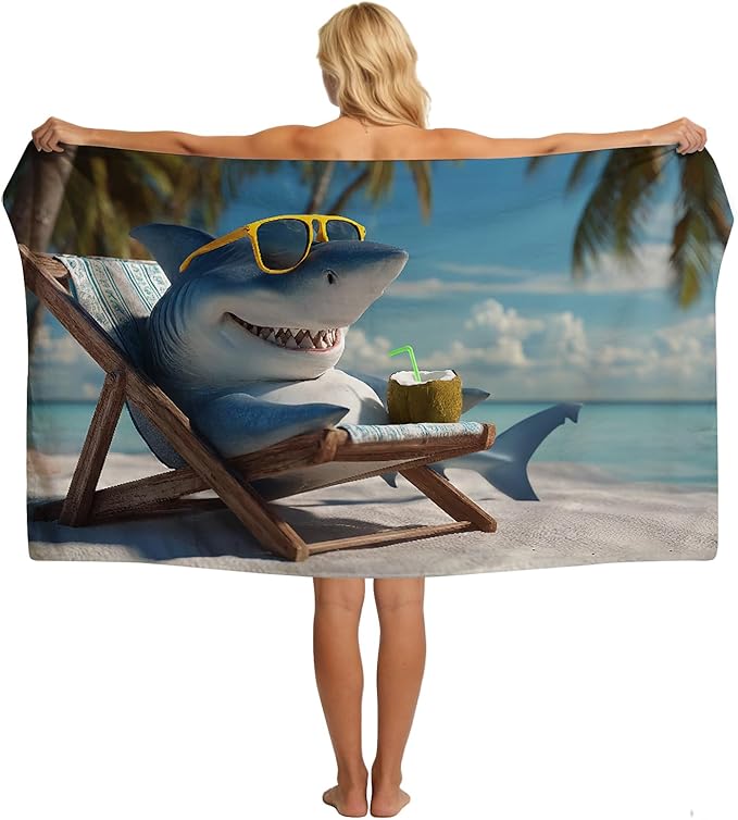 SARA NELL Shark Beach Towel, Funny Shark with Sunglasses and Drink Print, Summer Pool Beach Towel for Beach Vacation, Quick Dry Lightweight, 32"x52"