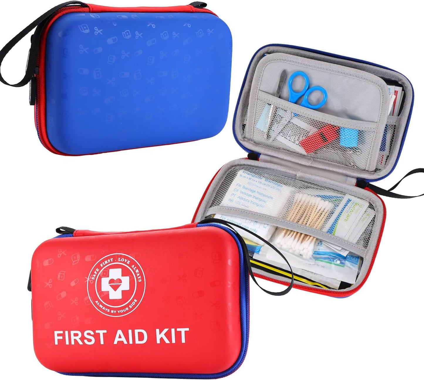 Premium First Aid Kit - 305 Piece Dual-Color Emergency Kit with Hard Shell & Fluorescent Interior Coating, Compact Survival Kit for Home, Car, Travel, Hiking & Outdoor(Red/Blue)