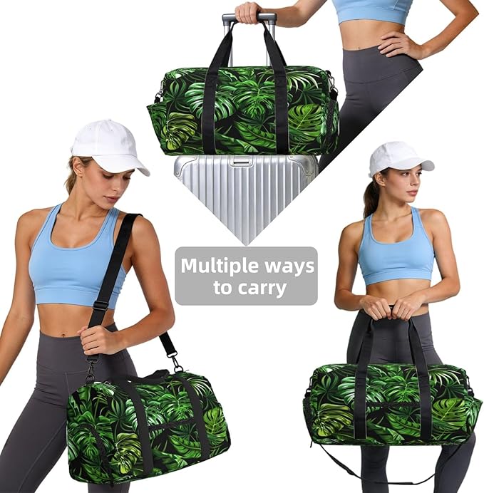 Sports Gym Bag Tropical Monstera Leaves Travel Duffel Bag With Shoe Compartment Shoulder Strap, Lightweight Water-Resistant Weekend Overnight Totes For Women Men
