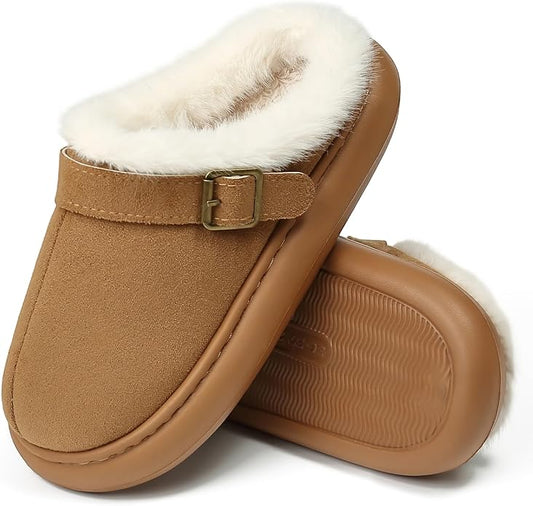 Close Toe Slip On Cotton Slippers with Breathable Faux Fur Memory Foam House Slippers for Women Warm Fuzzy Indoor Slippers with Non-Slip Rubber Sole