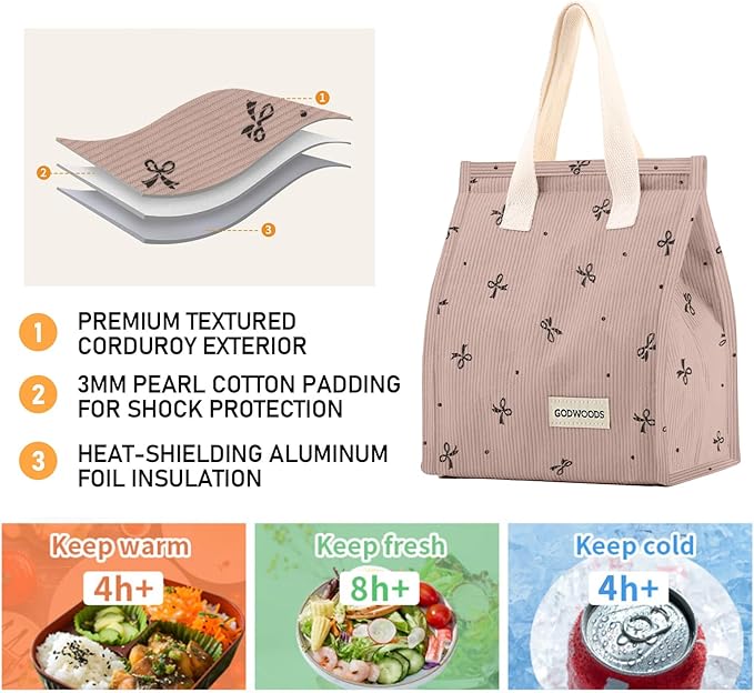 TELLUMO Corduroy Lunch Bag for Women Men Cute Lunch Bag Insulated Lunch Box with Large Capacity (7.5L) Reusable Lunchbag for Work, Picnic, Beach or Travel (S- Corduroy Pinkbow)