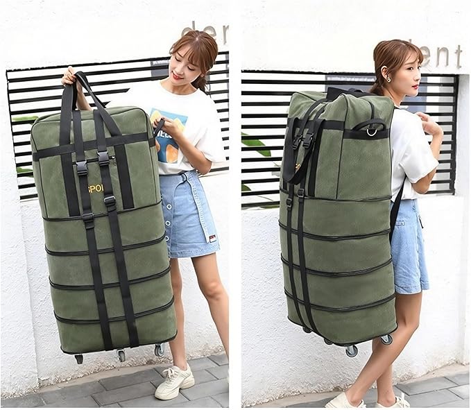 Expandable Extra Large Travel Oxford Duffel Bag with Wheels Waterproof Lightweight Traveling Foldable Suitcase (Green Canvas, XL - 6 wheels)