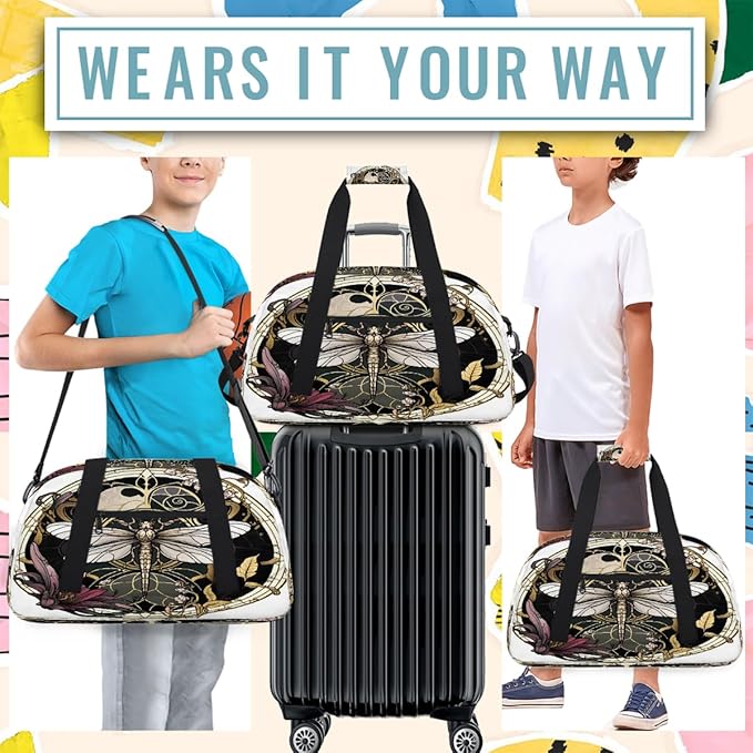 Travel Duffle Bag for travel duffle bag sports Girls Boys Kids Flowers Dragonfly Vintage Lightweight Overnight Sleepover Weekender Bags Small Dance Gym Sport Bag Teens Carry-On Size Workout Bag