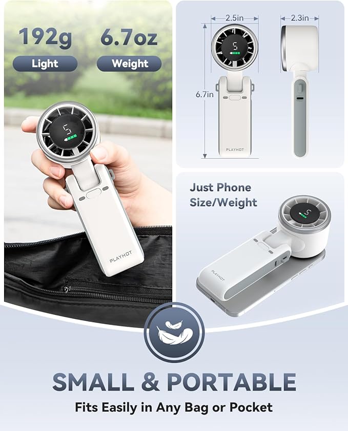 Portable Handheld Turbo Fan, 5 Gear Wind, Battery Operated, Up to 12 Working Hours, 3 IN 1 Hand Fans with Air Turbo Tech Cooling Fan for Outdoor Activities, Travel, Beach (White)