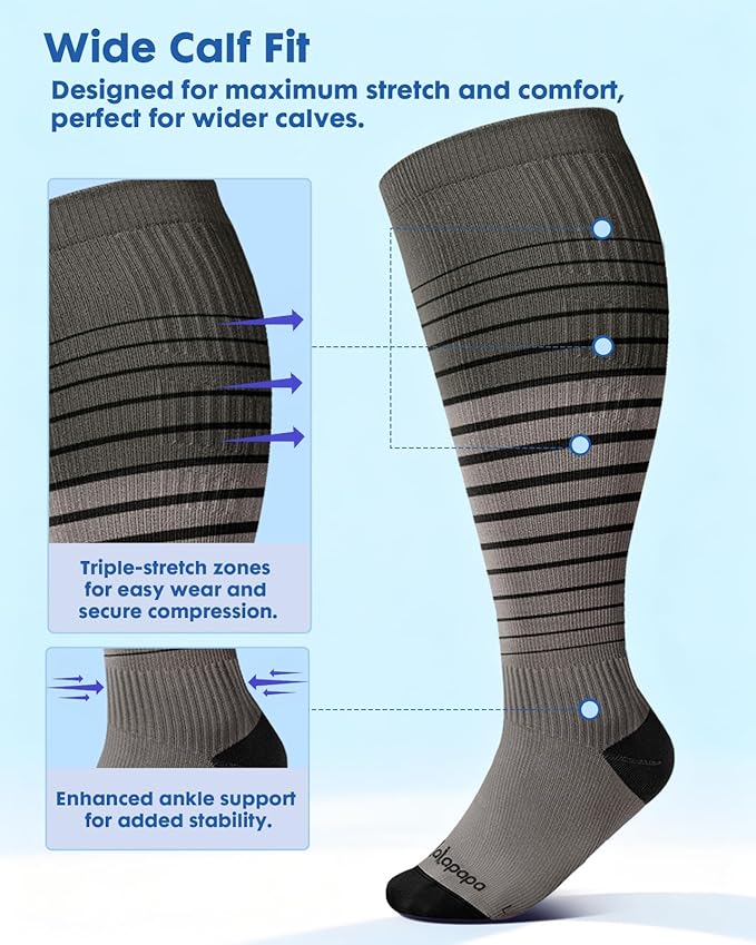 Wide Calf Compression Socks for Women - 3-Pair Plus Size 20-30mmHg Ankle Support Easy on off Socks for Travel Nurse