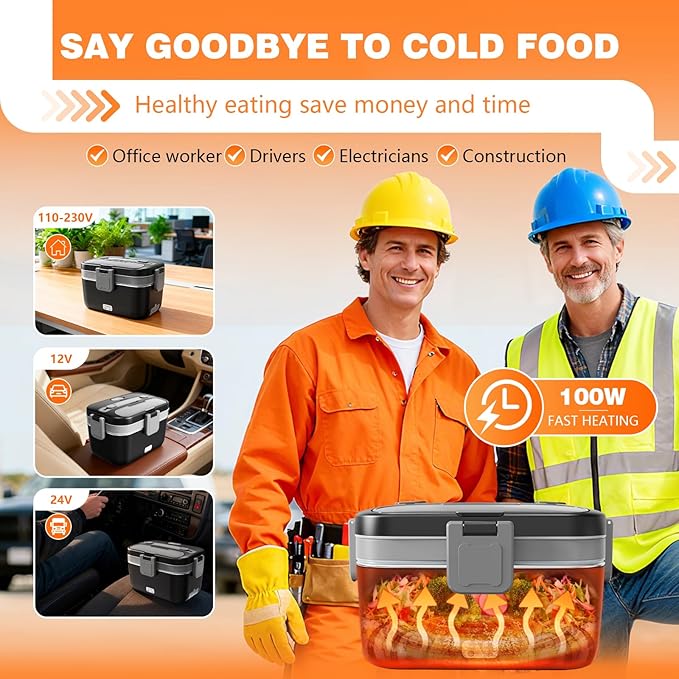 Electric Lunch Box for Adults, 2.8L Double Layer 100W Fast Heated Lunch Box, Heating Food Heater Warmer for Home Office Car Truck Use, Extra Large Lonchera Electrica Portátil 12/24V/110-230V, Black
