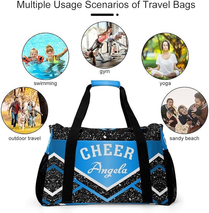 Custom Blue Black White Cheer Cheerleaders Duffel Bag with Name Adjustable Shoulder Strap Casual Bag for Teens Adults Handheld Crossbody Travel Bag